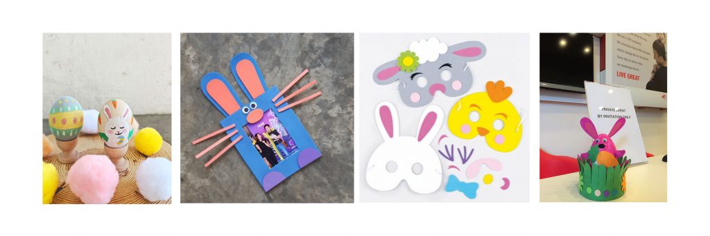 Easter Crafts (from left to right) - easter egg painting, easter bunny photo frame, My Easter Pals masks and My Easter Bunny Home.